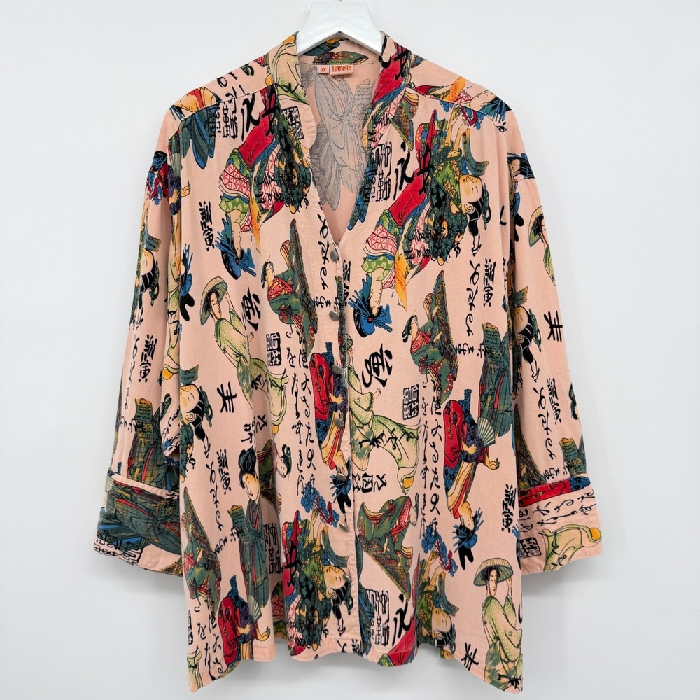 Vintage Tianello Tunic Top Shirt Size 1X Asian Geisha 3/4 Sleeve Boxy Global USA